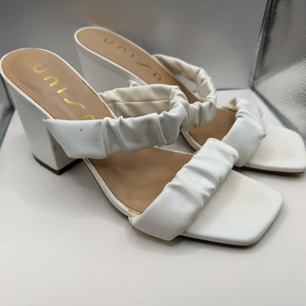 Unisa White Ruched Strap Square Toe Slip On Block Heel Mule Sandals
